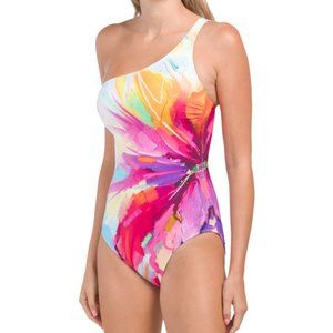 NWT $168 GOTTEX One-piece swimsuit, asymmetrical neck Size 14